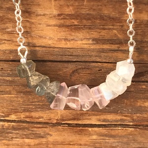 Faith, Hope and Love Inspirational Bar Necklace, Raw Rose Quartz, Moonstone, Labradorite Bar, Sterling Silver, Christian Jewelry