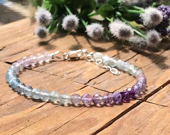 Rainbow Fluorite Bracelet Sterling Silver Crystal Healing Jewelry Ombre Stacking Multicolored Gemstone Bracelet