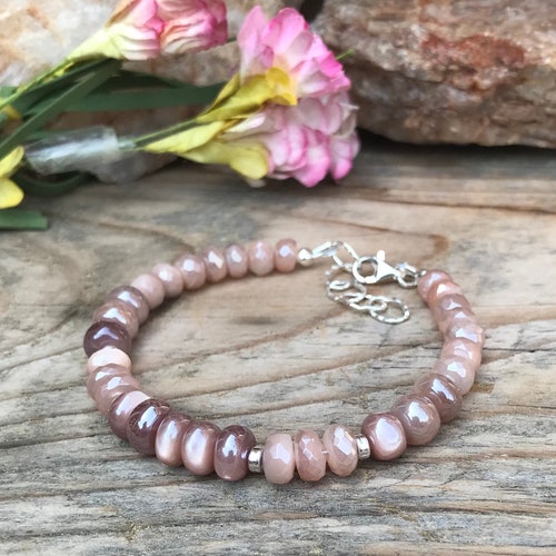Silverite Cat’s Eye and Mystic Peach shops Moonstone Gemstone Bracelet, Sterling Silver, Energy Healing Jewelry, Boho Chunky Bracelet