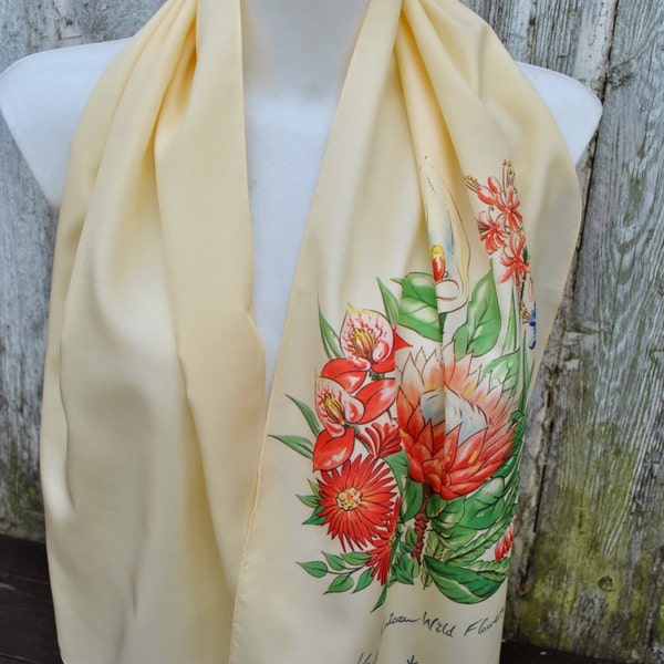 Vintage South Africa wild flowers print ivory long polyester scarf