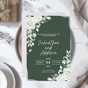 Custom Digital Wedding Invitation Template Hunter Green and white large printable floral background wildflower canva editable downloadable
