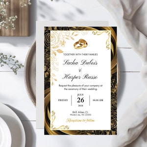 Benutzerdefinierte digitale Einladung Gold und schwarz klassische Hochzeitskarte mit Goldringen schöne elegante Ränder bearbeitbarer und herunterladbarer Druck