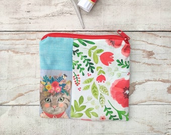 CAT  squared patchwork  zip pouch, coin purse with red zipper, medium sized, Mia Charro Floral animal, patchwork style,  girlfriend gift