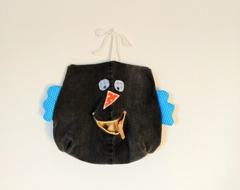 Peg Owl, funny Upcycle Denim Jeans Clothespin-Bag OWL , repurpose Jeans clothes-peg-Bag