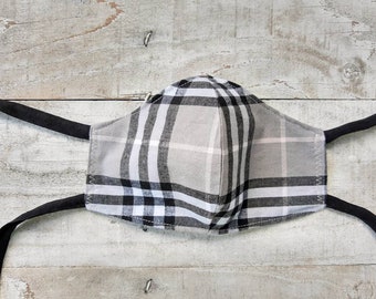 Face Mask "Tartan Check", grey black white checkered Fabric mask, washable reusable Respiratory Mask, unisex size, one size fits all