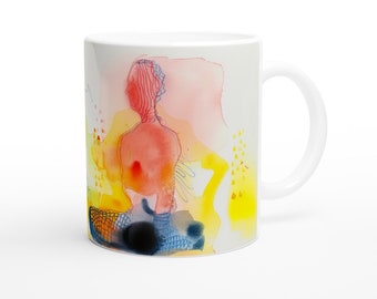 Farbenfrohe Keramiktasse mit Yoga Motiv, abstrakte Kunst, Yoga Kunst, Yogini Geschenk