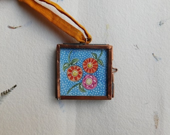 Miniature original painting/ special gift in glass frame - folk flowers