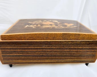 MCM Vintage Reuge Swiss Music Movement Jewelry Box Floral Inlay Made In Italy