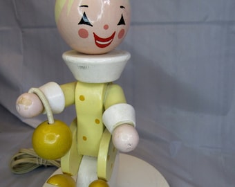 Clown Table Lamp Night Lite Wood Nursery Plastics Inc. 1960s Children's Nursery