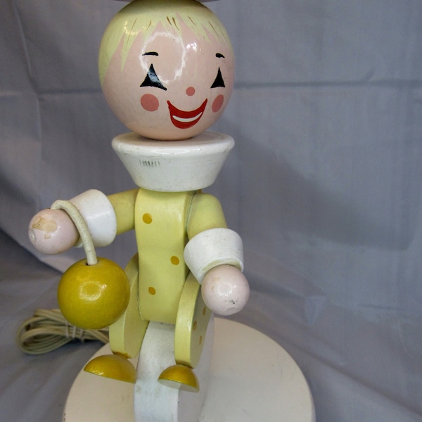 Clown Table Lamp Night Lite Wood Nursery Plastics Inc. 1960s Children's Nursery