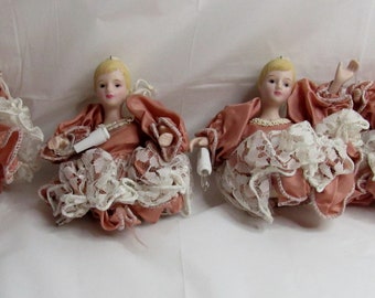 4 Vintage Victorian Porcelain & Soft Bodied Dolls Christmas Ornaments 2 lighted