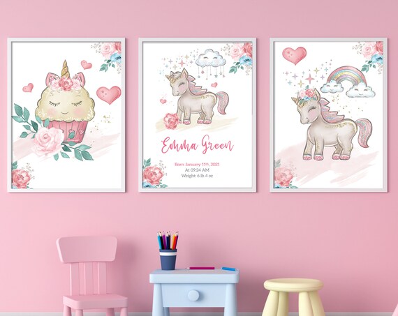 Nursery decor unicorn, Nursery decor rainbow, Personalised nursery decor baby girl, Pink nursery art, Nursery decor baby girl, Baby room art