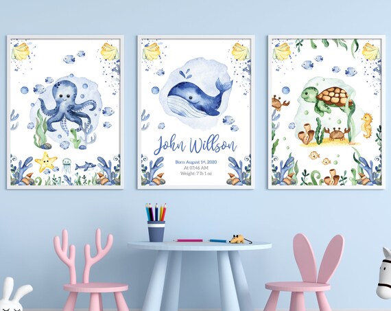 Nursery decor whale, Nursery decor octopus, Personalised nursery decor baby boy, Sea world nursery art, Nursery decor turtle, Baby room art