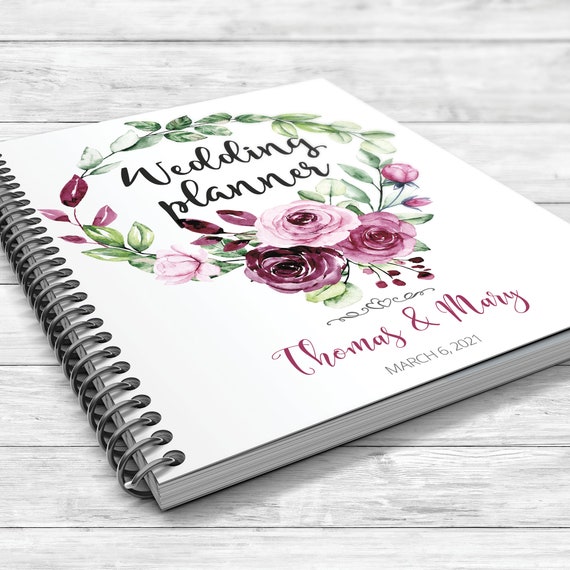 Boho burgundy wedding planner, Burgundy pink roses wedding planner, Floral wreath wedding planner, Bridal shower gift, Spring summer planner