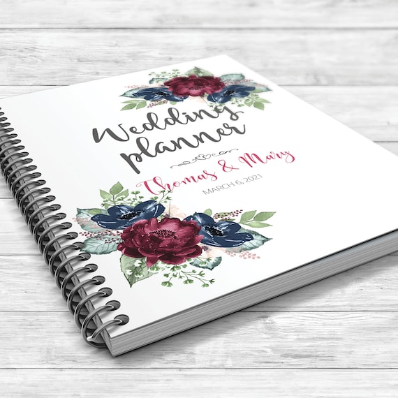 Burgundy blue wedding planner, Floral wedding planner, Bridal shower gift, Boho wedding planner, Personalised wedding planner, Blue burgundy