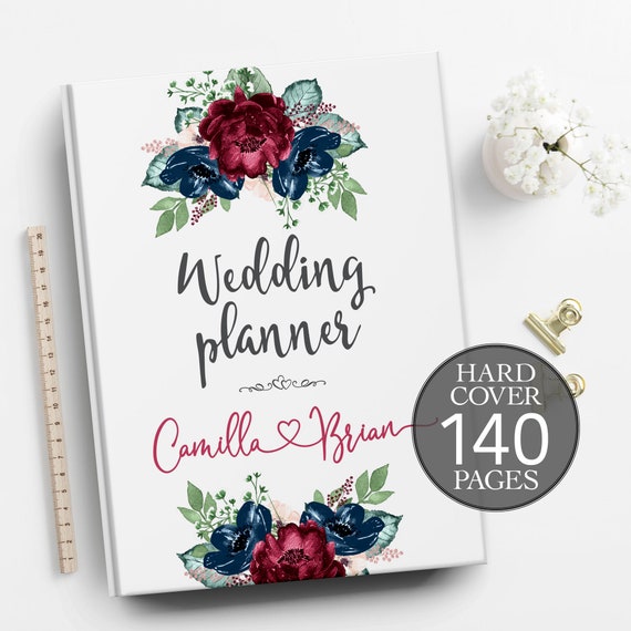 Wedding book, Burgundy blue wedding planner, Engagement gift, Bridal shower gift, Boho wedding planner, Personalised wedding planner