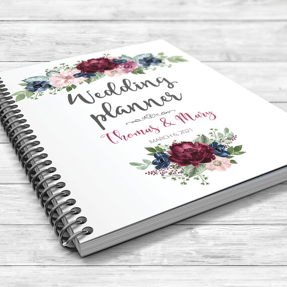 Burgundy blue wedding planner, Floral wedding planner, Bridal shower gift, Boho wedding planner, Fall wedding planner, Blue burgundy book