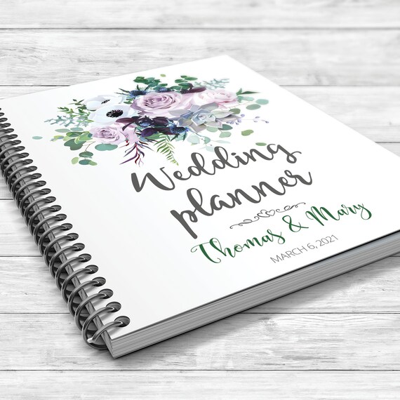 Dusty violet wedding planner, Eucalyptus wedding book, Boho floral planner, Personalised wedding planner, Anemone, succulent, Bridal gift