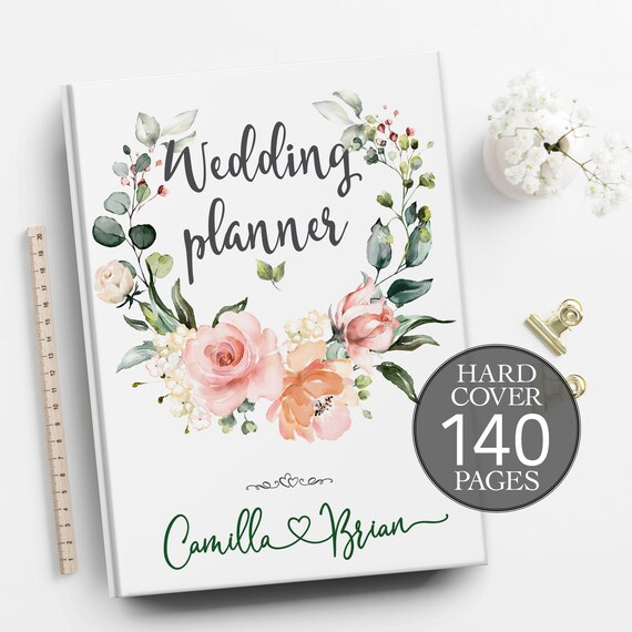 Dusty pink roses wedding planner, Engagement gift, Boho wedding planner, Floral wreath wedding planner, Bridal shower gift, Summer wedding