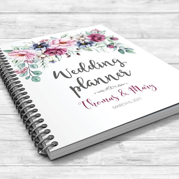 Personalised wedding planner, Floral wedding planner, Bridal shower gift, Boho wedding planner, Peonies planner, Pink, burgundy, indigo