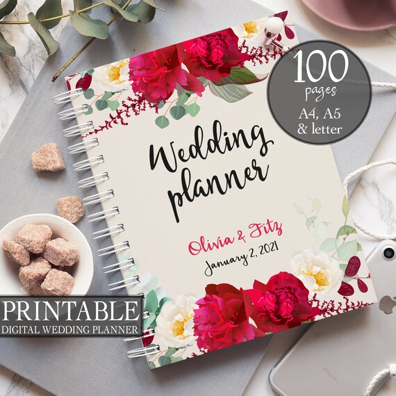 Boho wedding binder, Printable wedding planner, Burgundy floral wedding binder, DIY wedding binder, Wedding checklist, Wedding to do list
