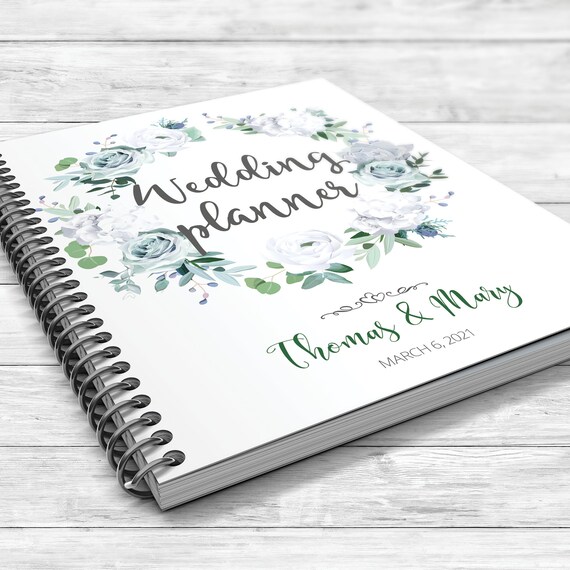 Winter wedding planner, Greenery planner, Green, jade, sage binder, Echeveria blue succulent, hydrangea, rose, eucalyptus, white ranunculus