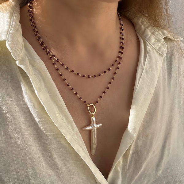 Rosary necklace, Cross necklace, Garnet necklace, Garnet rosary chain, Catholic jewelry, Gift for her, Religious gift, Garnet chain