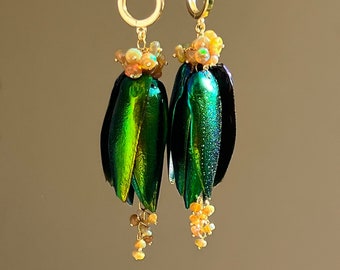 Tropical earrings, Beetle Earrings, Scarab Wings Earrings Tropica, Ethiopian opal, Statement jewelry, Gifts for her, Green earrings