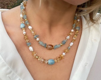 Baroque citrine and aquamarine necklace transformer with fresh water pearls and gold plated silver beads