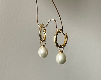 Gold Plated Silver Hoop Earrings with Freshwater Pearls