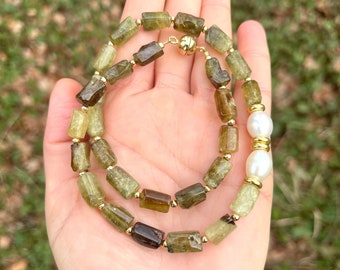 Green Grossular Garnet Necklace: Beaded Gemstone & Pearl, Gold Plated Silver