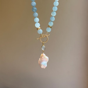 Beaded necklaces, Aquamarine Toggle Necklace With Baroque Pearl Charm, Aquamarine jewelry, Necklaces for women, Gemstone necklaces