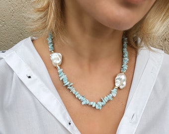 Larimar and baroque pearls necklace, beaded statement necklaces for women, larimar jewelry