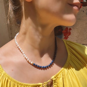 Half pearl, half lapis lazuli beaded necklace, fashion asymmetric necklace, lapis lazuli beaded necklace, handmade jewelry, gift for her
