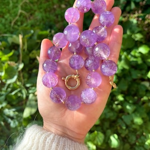 Chunky amethyst beaded necklace, oversized beads, gold plated silver