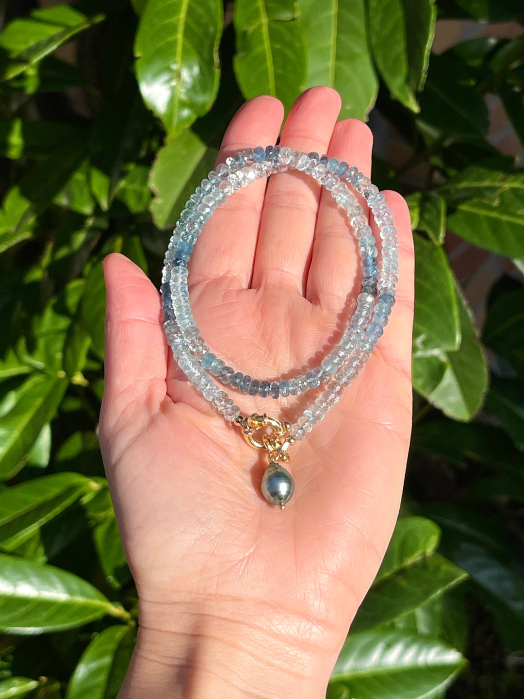 Aquamarine Necklace With Tahitian Pearl Pendant, Genuine Santa Maria