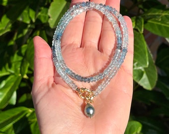 Aquamarine necklace with Tahitian pearl pendant, genuine Santa Maria aquamarines