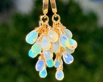 Ethiopian Opal Cluster Earrings • 14k Gold Vermeil Hoops, Handmade
