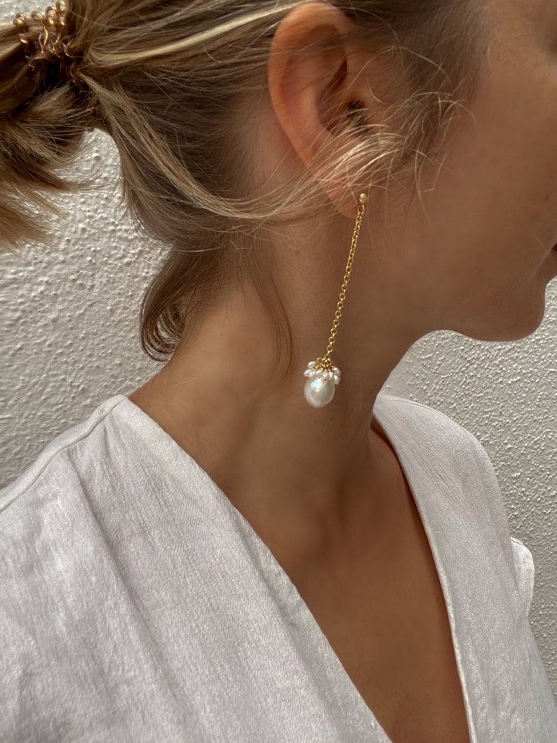 Pearl drop earrings, pearl chain dangle earrings image 3
