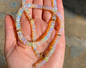 Ethiopian opal and solid gold necklace, AAA faceted rondelle beads, 18k gold