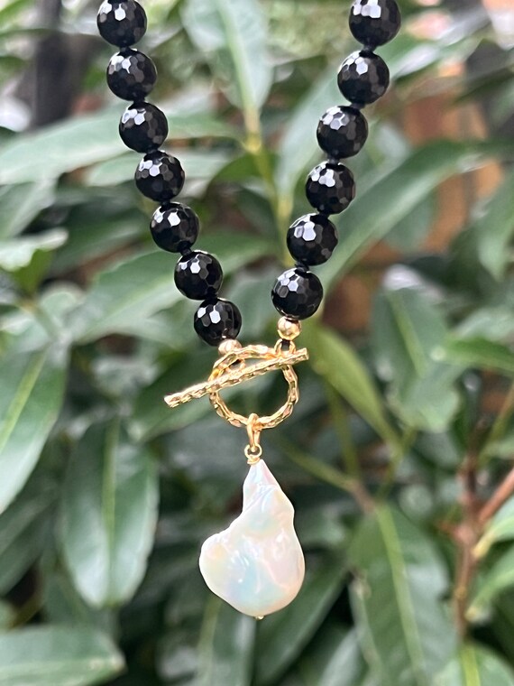 Black Onyx and Baroque Pearl Beaded Necklace, Baroque Pearl