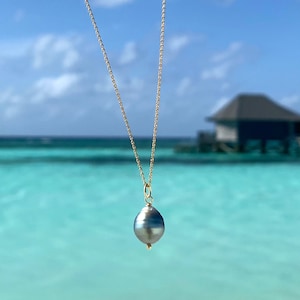 Tahitian teardrop pearl pendant on gold plated silver chain