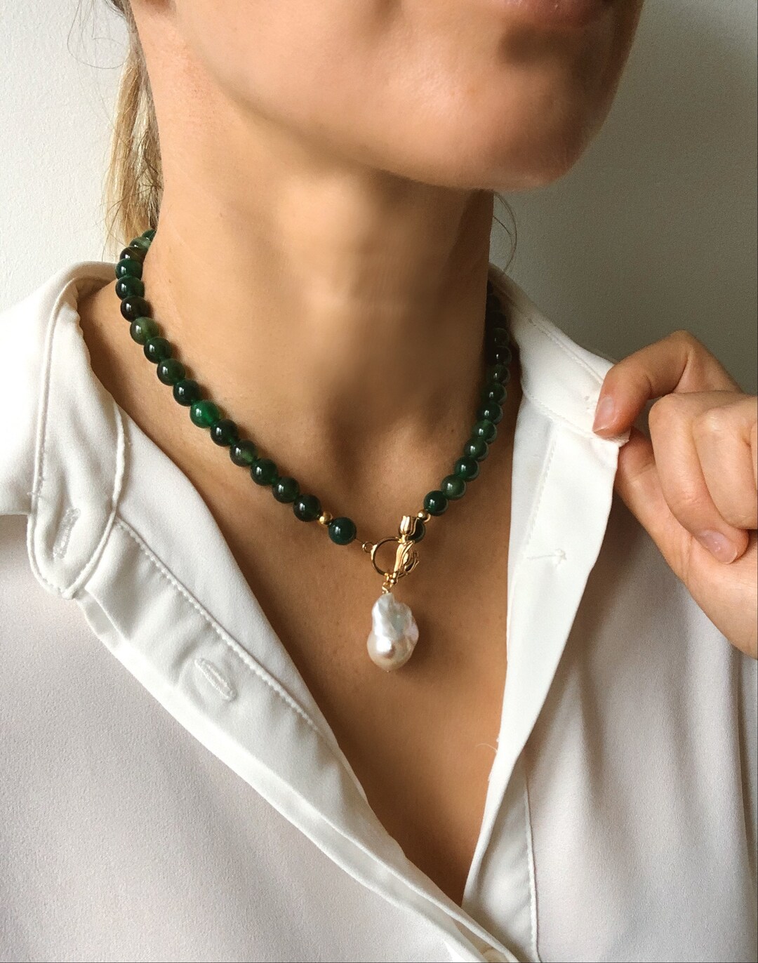 Collier Vintage En Agate Verte, 72 Cm, 26 Perles Plates + Pendentif Perle Goutte, Occasion
