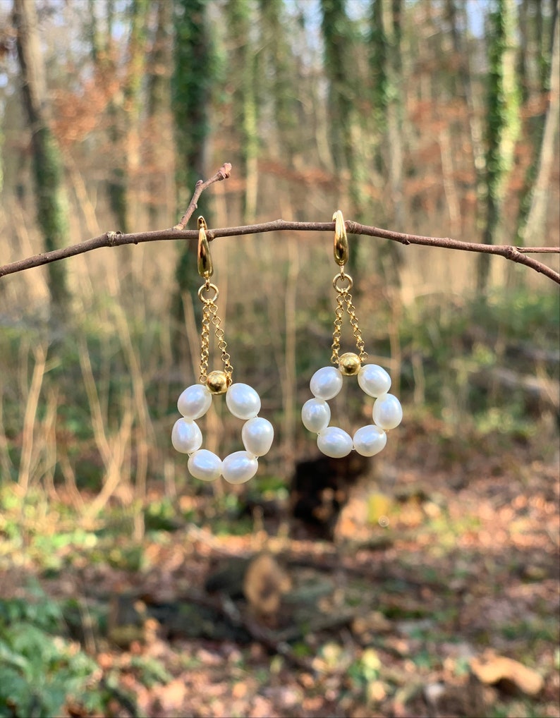 Pearl earrings, Dangle Drop earrings, Freshwater pearls, Pearl hoop earrings, Cute earrings, Bridal Earrings, Handmade jewelry, Gift for her image 4