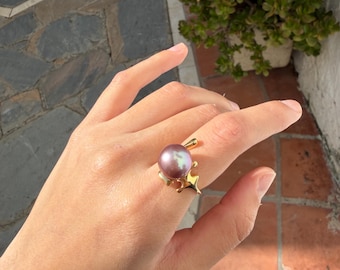 Edison Pearl Ring – Gold Plated Silver adjustable Band – Lavender/Pink Pearl Statement Ring – Adjustable Modern Minimalist Jewelry
