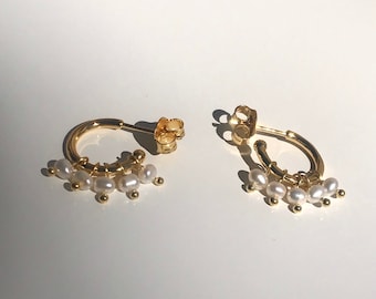 Mini pearls and gold plated silver half hoop earrings