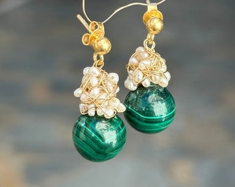 Malachite And Pearl Cluster Earrings, Malachite Jewelry, Green earrings, Gift for her, Cute handmade earrings