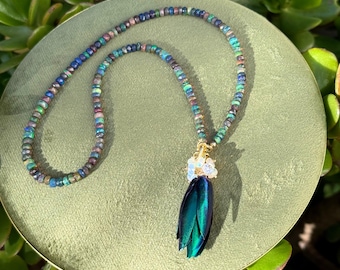 Ethiopian Welo Opal Necklace with Iridescent Scarab Elytra Pendant — Handmade Gemstone Jewelry