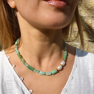 Collier chrysoprase, collier de perles de chrysoprase et de perles d&#39;eau douce, bijoux chrysoprase, collier de pierres vertes, colliers de perles