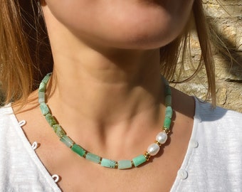 Chrysoprase necklace, Chrysoprase beads and freshwater pearls necklace, Chrysoprase jewelry, Green stone necklace, Beaded necklaces